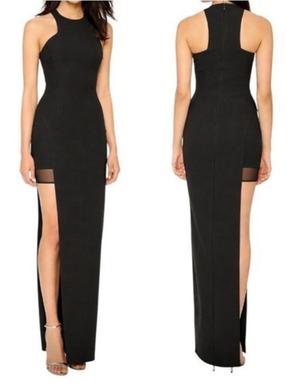 Elizabeth and James Black High-Neck Side-Slit Hourglass Evening Gown